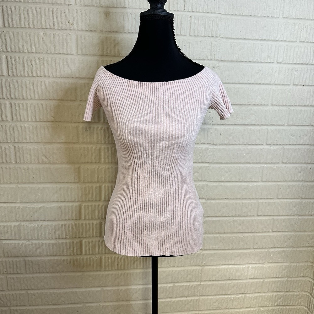 NWT Helmut Lang Off The Shoulder Blouse Tight Knit Blush Sz L Ribbed Formal Slim
